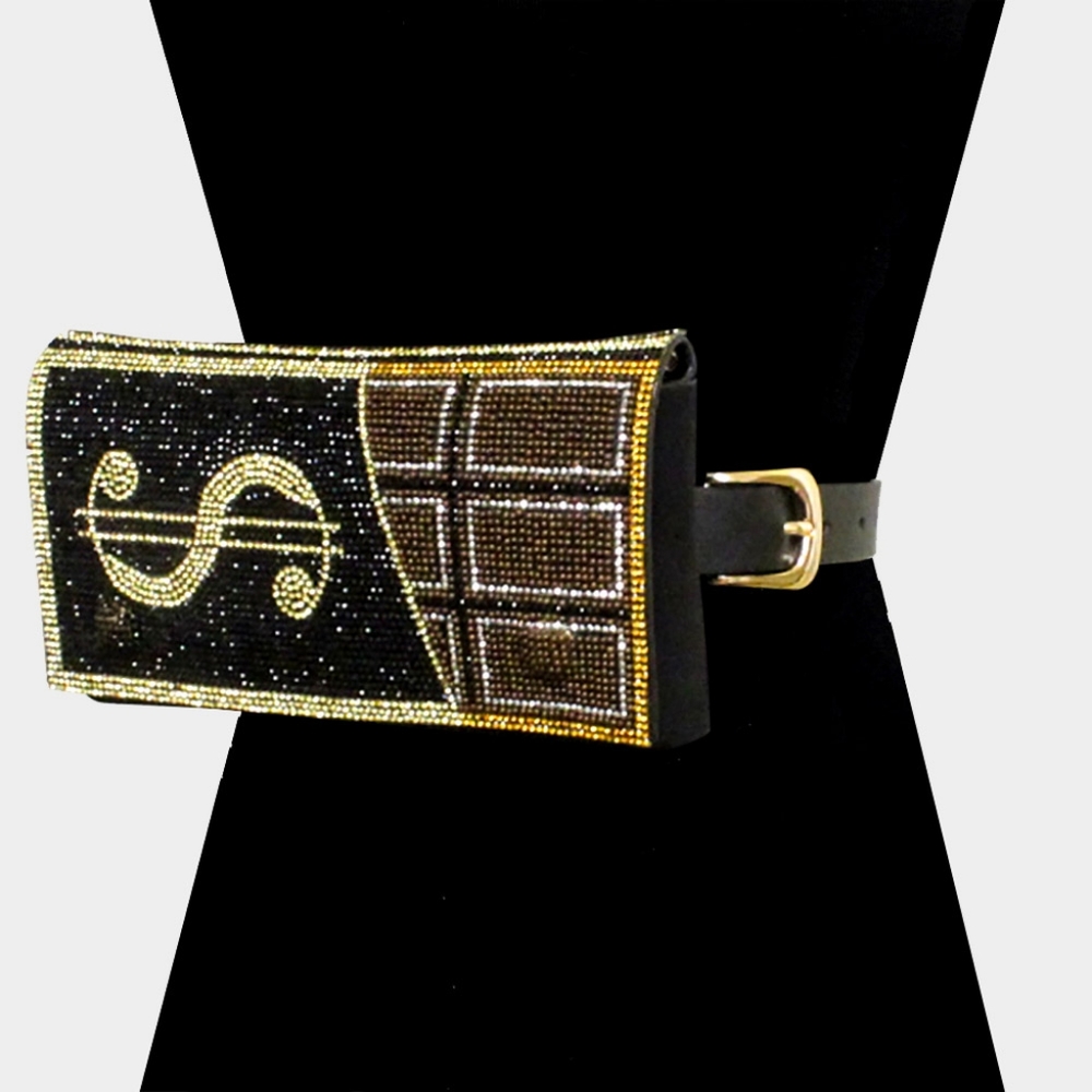 Black Chocolate Bar Gold Dollar Sign Crystal Rhinestone FannyPack Belt Purse Bag